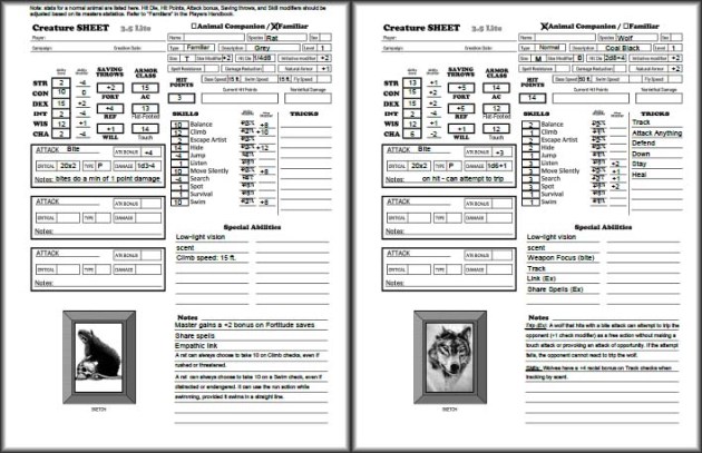 D&D 3.5 – Animal Companion / Familiar Character Sheets | Dungeon Master ...