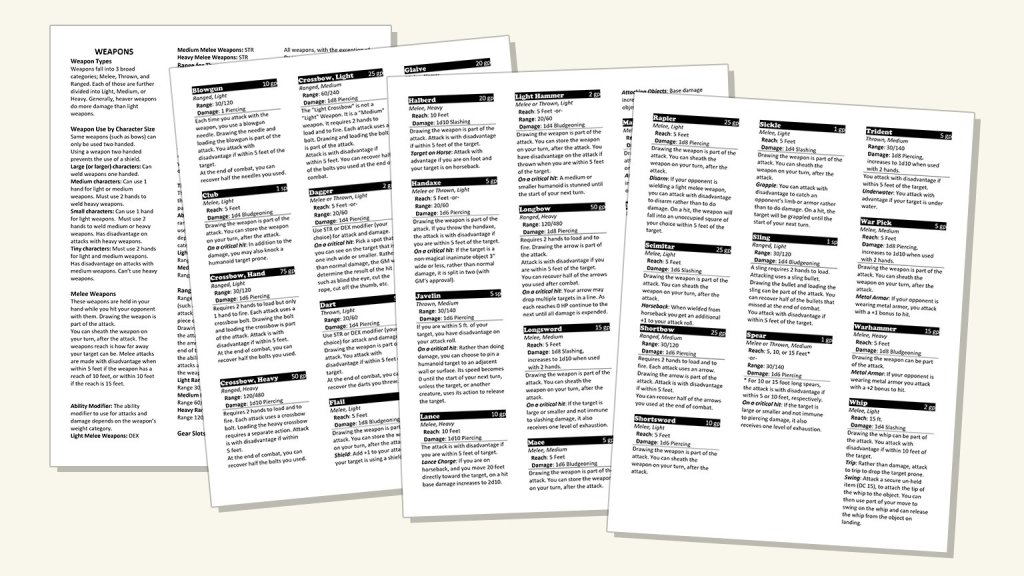 Weapon Reference Sheet | Dungeon Master Assistance