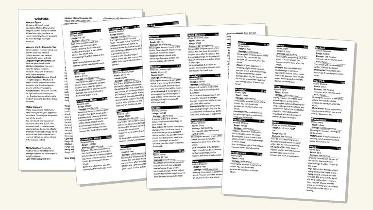 Weapon Reference Sheet | Dungeon Master Assistance